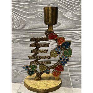 Vintage Terra Sancta Guild Brass Enamel Candlestick Candle Holder Israel Bible